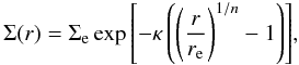 Mathematical equation: \begin{equation} \Sigma(r)=\Sigma_{\rm e} \exp{\left[-\kappa \left(\left({\frac{r}{r_{\rm e}}}\right)^{1/n} - 1\right)\right]}, \label{eq:sersic} \end{equation}