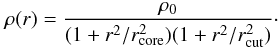 Mathematical equation: \begin{equation} \label{eq:piemd} \rho(r)=\frac{\rho_0}{(1+r^2/r_{\rm core}^2)(1+r^2/r_{\rm cut}^2)}\cdot \end{equation}