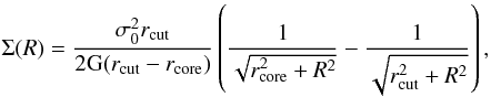 Mathematical equation: \begin{equation} \label{eq:piemd_2d} \Sigma(R)=\frac{\sigma_0^2 r_{\rm cut} }{2\mathrm{G}(r_{\rm cut}-r_{\rm core})}\left(\frac{1}{\sqrt{r_{\rm core}^2+R^2}}-\frac{1}{\sqrt{r_{\rm cut}^2+R^2}}\right), \end{equation}