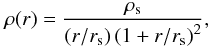 Mathematical equation: \begin{equation} \rho(r)=\frac{\rho_{\rm s}}{(r/r_{\rm s})\left(1+r/r_{\rm s}\right)^2}, \label{eq:NFW} \end{equation}