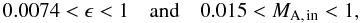 Mathematical equation: \begin{equation} 0.0074 < \epsilon < 1 \quad \text{and} \quad 0.015 < M_{\rm A,\,in} < 1, \end{equation}