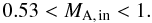 Mathematical equation: \begin{equation} 0.53 < M_{\rm A,\,in} < 1. \end{equation}