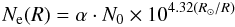 Mathematical equation: \begin{equation} N_{\rm e}(R) = \alpha \cdot N_{0} \times 10^{4.32(R_{\odot}/R)} \end{equation}