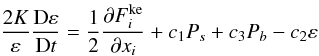 Mathematical equation: % subequation 2088 2 \begin{equation} \label{eq71} \frac{2K}{\varepsilon }\frac{{\rm D} \varepsilon }{{\rm D}t} = \frac{1}{2}\frac{\partial F_i^{\rm ke}}{\partial x_i} + c_1 P_s +c_3 P_b - c_2 \varepsilon \end{equation}