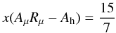 Mathematical equation: \appendix \setcounter{section}{3} \begin{equation} \label{eq91} x(A_\mu R_\mu -A_{\rm h}) =\frac{15}{7} \end{equation}