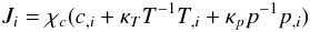 Mathematical equation: % subequation 640 4 \begin{equation} \label{eq8} J_i =\chi _c (c_{,i} +\kappa _T T^{-1}T_{,i} +\kappa _p p^{-1}p_{,i}) \end{equation}