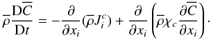Mathematical equation: % subequation 1099 1 \begin{equation} \label{eq23} \overline \rho \frac{{\rm D} \overline C }{{\rm D}t} = - \frac{\partial}{\partial x_i}(\overline \rho J_i^c) + \frac{\partial}{\partial x_i} \left( \overline \rho \chi _c \frac{\partial \overline C}{\partial x_i} \right)\cdot \end{equation}