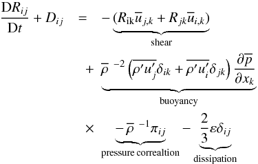 Mathematical equation: % subequation 1279 0 \begin{eqnarray} \label{eq29} \frac{{\rm D}R_{ij}}{{\rm D}t}+D_{ij} &=& - \underbrace {(R_{\rm ik} \overline u _{j,k} + R_{jk} \overline u _{i,k})}_{\rm shear}\nonumber\\ & \quad + & \underbrace {\overline \rho \,\, ^{-2} \left(\overline {{\rho }'{u}'_j} \delta_{ik} + \overline {{\rho}'{u}'_i} \delta _{jk}\right) \frac{\partial \overline p}{\partial x_k }}_{\rm buoyancy}\nonumber\\ &\quad \times &\underbrace {-\,\overline \rho\,\, ^{-1}\pi _{ij} }_{\rm pressure\,correaltion}-\underbrace {\frac{2}{3}\varepsilon \delta _{ij} }_{\rm dissipation} \end{eqnarray}