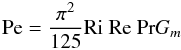 Mathematical equation: % subequation 1346 4 \begin{equation} \label{eq44} {\rm Pe} = \frac{\pi ^2}{125}{\rm Ri~Re~Pr} G_m \end{equation}