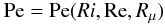 Mathematical equation: % subequation 1346 5 \begin{equation} {\rm Pe} = {\rm Pe} (Ri, {\rm Re}, R_\mu) \end{equation}