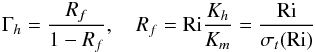 Mathematical equation: % subequation 1346 10 \begin{equation} \Gamma _h = \frac{R_f}{1-R_f},\quad R_f = {\rm Ri} \frac{K_h}{K_m} = \frac{\rm Ri}{\sigma _t ({\rm Ri})} \end{equation}