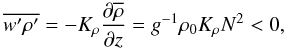 Mathematical equation: % subequation 1810 0 \begin{equation} \label{eq50} \overline {{w}'{\rho }'} = - K_\rho \frac{\partial \overline \rho}{\partial z}=g^{-1}\rho _0 K_\rho N^2<0, \end{equation}