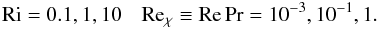 Mathematical equation: % subequation 2086 5 \begin{equation} {\rm Ri} = 0.1, 1, 10 \quad {\rm Re}_\chi \equiv {\rm Re}\Pr =10^{-3},10^{-1},1. \end{equation}