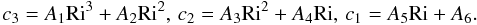 Mathematical equation: \appendix \setcounter{section}{1} \begin{equation} c_3 =A_1 {\rm Ri}^3+A_2 {\rm Ri}^2,\, c_2 = A_3 {\rm Ri}^2 + A_4 {\rm Ri},\, c_1 =A_5 {\rm Ri} + A_6. \end{equation}