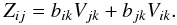 Mathematical equation: \appendix \setcounter{section}{2} \begin{equation} Z_{ij} = b_{ik} V_{jk} +b_{jk} V_{ik} . \end{equation}