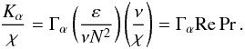 Mathematical equation: % subequation 556 6 \begin{equation} \label{eq7} \frac{K_\alpha }{\chi }= \Gamma _\alpha \left(\frac{\varepsilon }{\nu N^2}\right) \left(\frac{\nu }{\chi}\right) = \Gamma _\alpha {\rm Re} \Pr . \end{equation}