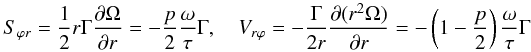Mathematical equation: % subequation 1630 3 \begin{equation} \label{eq41} S_{\varphi r} =\frac{1}{2}r\Gamma \frac{\partial \Omega }{\partial r}=- \frac{p}{2}\frac{\omega }{\tau }\Gamma , \quad V_{r\varphi } = -\frac{\Gamma }{2r}\frac{\partial (r^2\Omega )}{\partial r}= - \left(1-\frac{p}{2}\right)\frac{\omega }{\tau }\Gamma \end{equation}