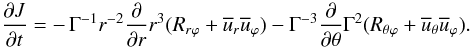 Mathematical equation: % subequation 547 2 \begin{equation} \label{eq3} \frac{\partial J}{\partial t} = -\, \Gamma ^{-1}r^{-2}\frac{\partial }{\partial r}r^3(R_{r\varphi } +\overline u _r \overline u _\varphi )-\Gamma ^{-3}\frac{\partial }{\partial \theta }\Gamma ^2(R_{\theta \varphi } +\overline u _\theta \overline u _\varphi ). \end{equation}