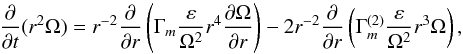 Mathematical equation: \begin{equation} \label{eq46} \frac{\partial }{\partial t}(r^2\Omega ) = r^{-2}\frac{\partial }{\partial r}\left(\Gamma _{m} \frac{\varepsilon }{\Omega ^2}r^4\frac{\partial \Omega }{\partial r}\right)-2r^{-2}\frac{\partial }{\partial r}\left(\Gamma _{m}^{(2)} \frac{\varepsilon }{\Omega ^2}r^3\Omega\right), \end{equation}