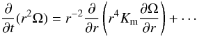 Mathematical equation: % subequation 547 0 \begin{equation} \label{eq1} \frac{\partial }{\partial t}(r^2\Omega ) = r^{-2}\frac{\partial }{\partial r}\left(r^4K_{\rm m} \frac{\partial \Omega }{\partial r}\right)+\cdots \end{equation}