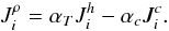 Mathematical equation: % subequation 1205 1 \begin{equation} \label{eq16} J_i^\rho =\alpha _T J_i^h -\alpha _c J_i^c . \end{equation}