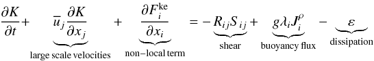 Mathematical equation: % subequation 530 0 \begin{equation} \label{eq1} \frac{\partial K}{\partial t} + \underbrace {\overline u _j \frac{\partial K}{\partial x_j }}_{\rm large\,scale\,velocities}+\underbrace {\frac{\partial F_i^{\rm ke} }{\partial x_i }}_{\rm non-local\,term} = -\underbrace {R_{ij} S_{ij} }_{\rm shear}+\underbrace {g\lambda _i J_i^\rho }_{\rm buoyancy\,flux} -\underbrace \varepsilon _{ \rm dissipation} \end{equation}