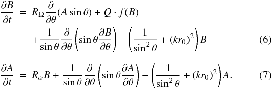 Mathematical equation: \begin{eqnarray} \frac{\partial B}{\partial t} &=& R_\Omega\frac{\partial}{\partial\theta}(A\sin\theta) +Q\cdot f(B) \nonumber \\ \label{eq:dyn-nd-t} & & + \frac{1}{\sin\theta}\frac{\partial}{\partial\theta} \left(\sin\theta\frac{\partial B}{\partial\theta}\right) -\left(\frac{1}{\sin^2\theta}+(kr_0)^2 \right)B \\ \label{eq:dyn-nd-p} \frac{\partial A}{\partial t} &=& R_\alpha B + \frac{1}{\sin\theta}\frac{\partial}{\partial\theta} \left(\sin\theta\frac{\partial A}{\partial\theta}\right)-\left(\frac{1}{\sin^2\theta} +(kr_0)^2 \right)A. \end{eqnarray}