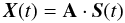Mathematical equation: \begin{equation} \boldsymbol{X}(t)={\bf A} \cdot \boldsymbol{S}(t) \end{equation}