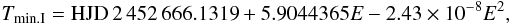 Mathematical equation: \begin{equation} % T_{\rm min.I} = {\rm HJD}\, 2\,452\,666.1319 + 5.9044365E - 2.43 \times 10^{-8}E^{2}, \label{Eq_quad_ephem} \end{equation}