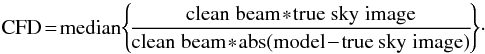 Mathematical equation: \begin{equation} \label{equ_fd} {\rm FD}= {\rm median} \Bigg\{\frac{{\rm true \; sky \; image \; image}}{{\rm abs(model-true \; sky \; image)}}\Bigg\}\cdot \end{equation}