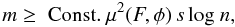 Mathematical equation: \begin{equation} \label{equ_incoherent} m \geq \; \mathrm{Const}.\: \mu^2(F, \phi) \,s\, \mathrm{log}\;{n}, \end{equation}