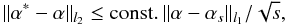 Mathematical equation: \begin{equation} \label{equ_nonoise_l1} \| \alpha^*-\alpha\|_{l_2} \leq {\rm const.} \,\| \alpha- \alpha_s \|_{l_1}/\sqrt{s}, \end{equation}