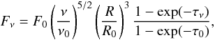 Mathematical equation: \begin{equation} \label{eq_flux} F_\nu = F_0 \left(\frac{\nu}{\nu_0}\right)^{5/2} \left(\frac{R}{R_0}\right)^{3} \frac{1-\exp(-\tau_\nu)}{1-\exp(-\tau_0)}, \end{equation}