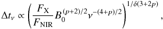 Mathematical equation: \begin{equation} \Delta t_{\nu} \propto \left (\frac{F_{\rm X}}{F_{\rm NIR}} B_0^{\,(p+2)/2} \nu^{-(4+p)/2} \right )^{1/\delta (3+2p)}, \end{equation}