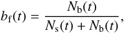 Mathematical equation: \begin{equation} \label{eq:binary_frequency} \binaryfrequency (t) = \frac{\Nbin (t)}{\Nsing (t)+\Nbin (t)}, \end{equation}