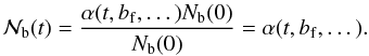 Mathematical equation: \begin{equation} \label{eq:evolution_normalized_number_of_binary_systems} \Nbinnorm (t) = \frac{\alpha (t,\binaryfrequency,\dots) \Nbin(0)}{\Nbin(0)} = \alpha (t,\binaryfrequency,\dots). \end{equation}