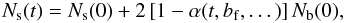 Mathematical equation: \begin{equation} \label{eq:evolution_number_of_single_stars} \Nsing (t) = \Nsing (0) + 2\left[ 1-\alpha (t,\binaryfrequency,\dots) \right] \Nbin (0), \end{equation}
