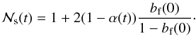 Mathematical equation: \begin{equation} \label{eq:evolution_normalized_number_of_single_stars} \Nsingnorm (t) = 1 + 2( 1 - \alpha (t) ) \frac{\binaryfrequency (0)}{1 - \binaryfrequency (0)}\cdot \end{equation}