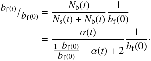 Mathematical equation: \begin{eqnarray} \label{eq:evolution_normalized_number_of_binary_frequency} ^{\binaryfrequency (t)} / _{\binaryfrequency (0)} &=& \frac{\Nbin (t)}{\Nsing (t) + \Nbin (t)} \frac{1}{\binaryfrequency (0)} \notag\\ &=& \frac{\alpha (t)}{\frac{1-\binaryfrequency (0)}{\binaryfrequency (0)} - \alpha (t) + 2} \frac{1}{\binaryfrequency (0)}\cdot \end{eqnarray}