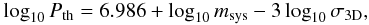 Mathematical equation: \begin{equation} \label{eq:thermal_period} \log_{10}P_{\mathrm{th}} = 6.986 + \log_{10} m_{\mathrm{sys}} - 3\log_{10} \sigma_{3\mathrm{D}}, \end{equation}
