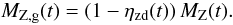 Mathematical equation: \begin{equation} \label{EQ:MMZG} M_{\mathrm{Z,g}}(t) = (1 - \eta_{\mathrm{zd}}(t)) \, M_{\mathrm{Z}}(t) . \end{equation}