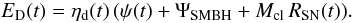 Mathematical equation: \begin{equation} \label{EQ:DDEST} E_{\mathrm{D}}(t) = \eta_{\mathrm{d}}(t) \, ( \psi(t) + \Psi_{\mathrm{SMBH}} + {M_{\mathrm{cl}} \, R_{\mathrm{SN}}(t)}) . \end{equation}