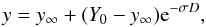 Mathematical equation: \begin{equation} y = y_\infty + (Y_0 - y_\infty){\rm e}^{- \sigma D}, \label{fitdec} \end{equation}