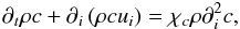 Mathematical equation: \appendix \setcounter{section}{1} \begin{equation} \partial _t \rho c+\partial _i \left(\rho cu_i \right)=\chi _c \rho \partial _i^2 c, \end{equation}