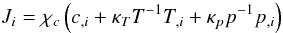 Mathematical equation: % subequation 547 1 \begin{equation} \label{eq2} J_i =\chi _c \left(c_{,i} +\kappa _T T^{-1}T_{,i} +\kappa _p p^{-1}p_{,i} \right) \end{equation}