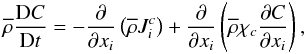 Mathematical equation: % subequation 654 1 \begin{equation} \label{eq4} \overline \rho \frac{{\rm D}C}{{\rm D}t}=-\frac{\partial }{\partial x_i }\left(\overline \rho J_i^c \right)+\frac{\partial }{\partial x_i }\left(\overline \rho \chi _c \frac{\partial C}{\partial x_i }\right), \end{equation}
