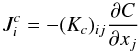 Mathematical equation: % subequation 898 5 \begin{equation} \label{eq18} J_i^c = - (K_c )_{ij} \frac{\partial C}{\partial x_j } \end{equation}