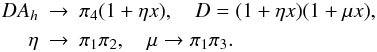 Mathematical equation: % subequation 1380 1 \begin{eqnarray} \label{eq28} DA_h &\to& \pi _4 (1+\eta x), \quad D=(1+\eta x)(1+\mu x),\nonumber \\ \eta &\to& \pi _1 \pi _2 ,\quad \mu \to \pi _1 \pi _3 . \end{eqnarray}