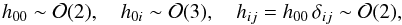 Mathematical equation: \begin{equation} \label{mgord} h_{00}\sim {\cal O}(2),\quad h_{0i}\sim{\cal O}(3),\quad h_{ij}=h_{00}\,\delta_{ij}\sim{\cal O}(2), \end{equation}
