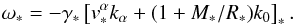 Mathematical equation: \begin{equation} \label{1.4} {\omega}_*=-\gamma_*\left[v_*^\alpha k_\alpha+(1+M_*/R_*)k_0\right]_*. \end{equation}